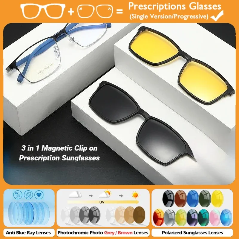 

KUXA Magnetic Clip on Reading Glasses Versatile Men Optical Polarized Driving Prescription Sunglasses Progressive Eyeglasses