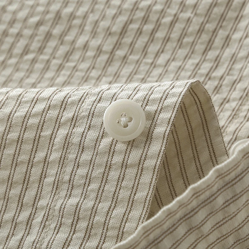 Полосатая Повседневная рубашка Seersucker для мужчин, модная мужская рубашка с коротким рукавом, свободная рубашка большого размера с пуговицами