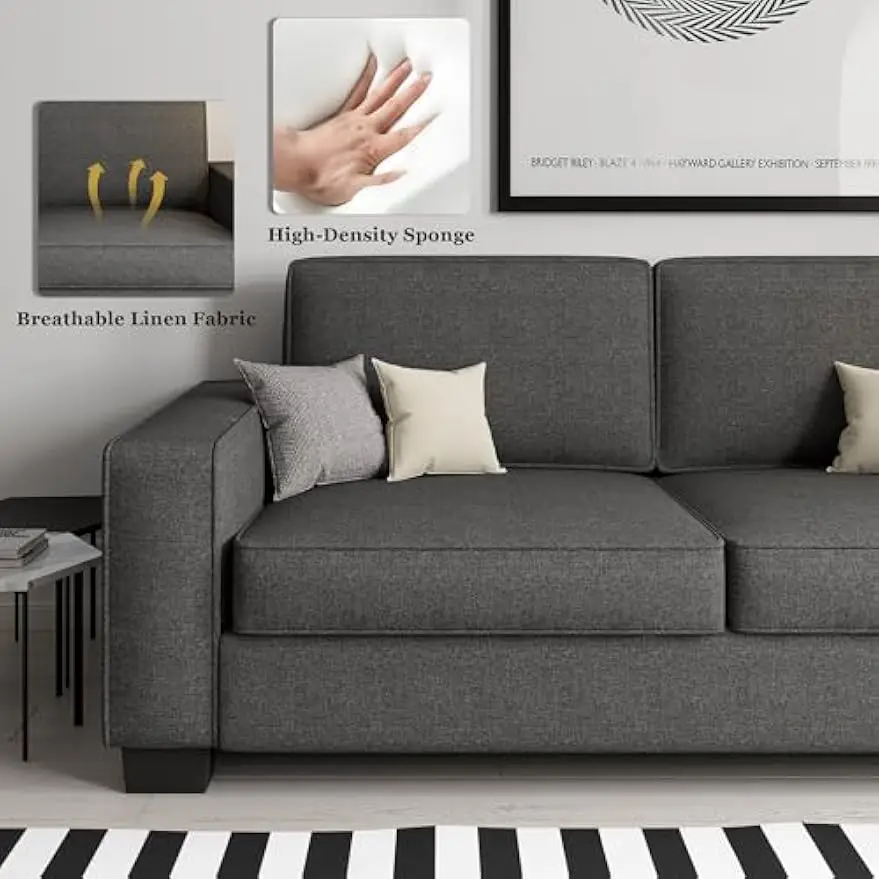 Canapé confortable gris foncé avec 2 sièges extra profonds, sofa de 70 pouces, avec dossier et coussins de siège perfectionnés, en tissu lin du milieu du siècle