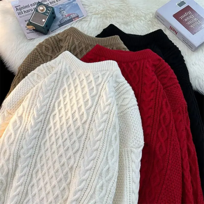 

Утепленный круглый вязаный свитер для мужчин, осенне-зимний, больших размеров, красный, повседневный, из полиэфирного волокна, с длинными рукавами