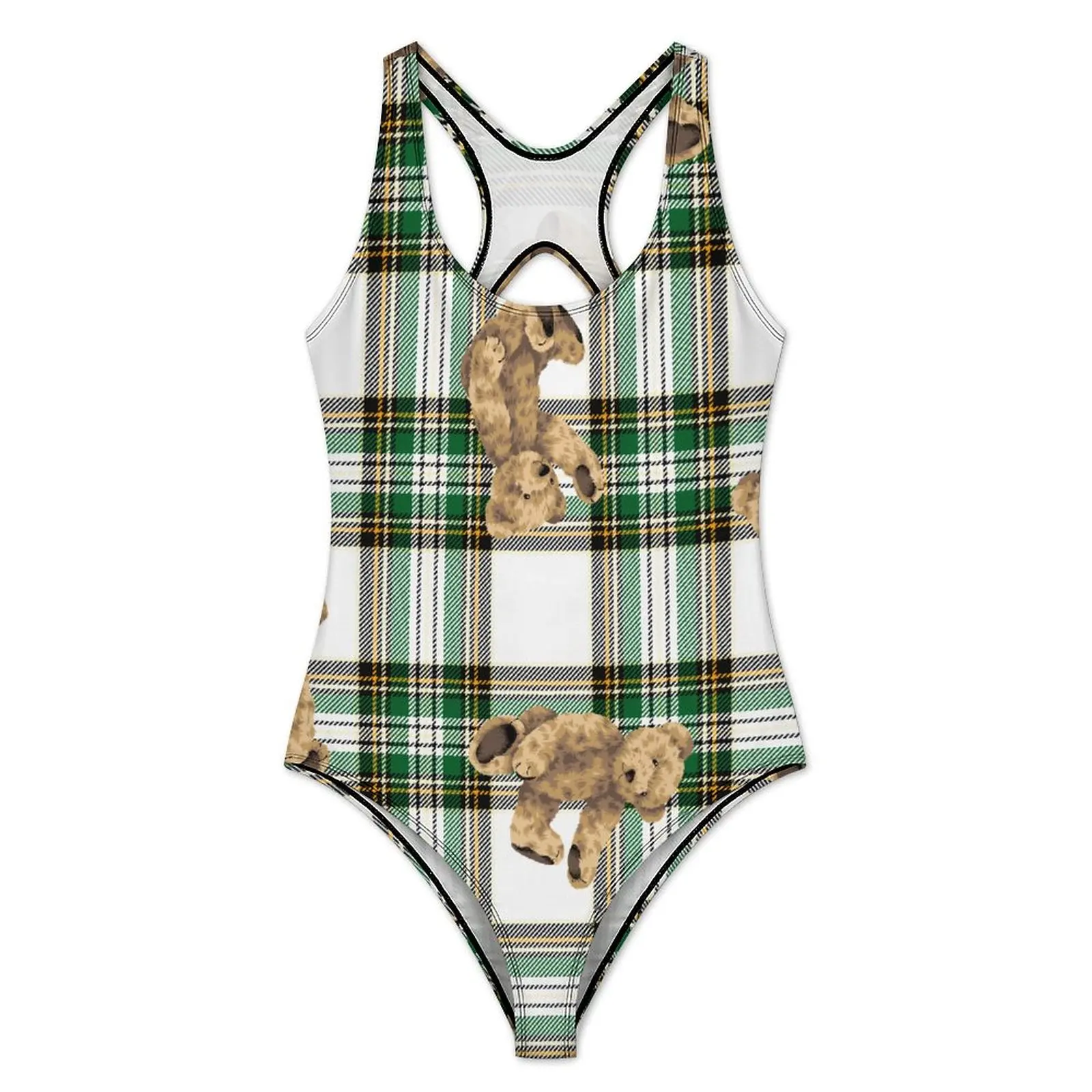 Cartoon Bear Swimsuit Retro Plaid Print Push Up Swimwear One Piece Holiday Pool Monokini Bodysuit Sexy Beachwear Plus Size