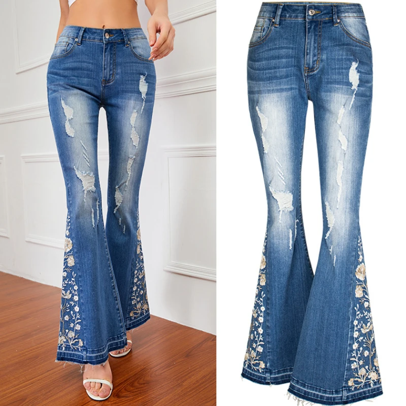 

Spring Summer Women Designer Ripped Hole Tassel Embroidery Blue Denim Flare Trousers , Woman Vintage Floral Jeans Pants