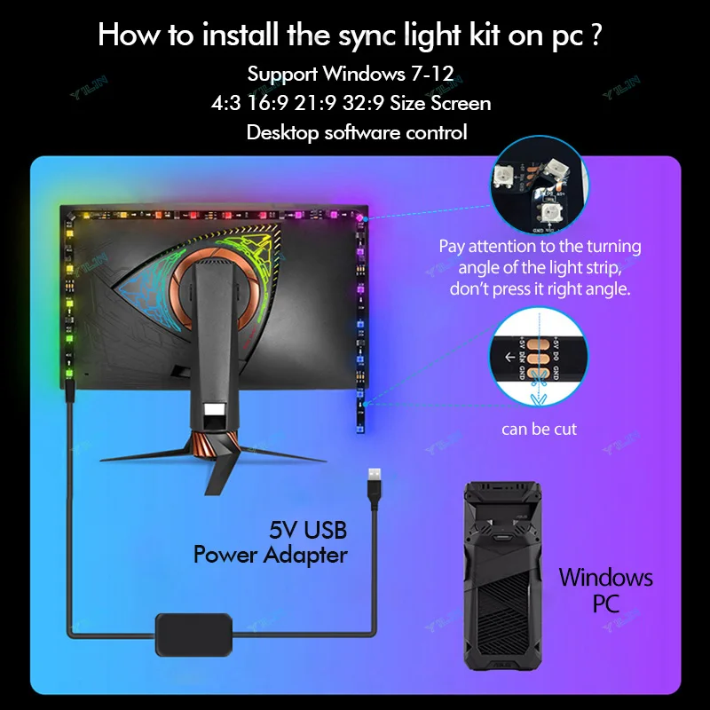 Smart RGBIC LED Strip USB Computer Screen Color Sync Back Light Strip Dream Color Monitor Ambient Decor Lamp Software Control