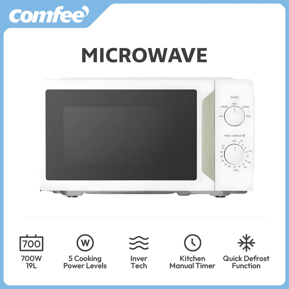 COMFEE 700W White 19L 5-level Power Kitchen Manual Microwave Oven InverTech and Quick Defrost Function, 5 Cooking Power Levels