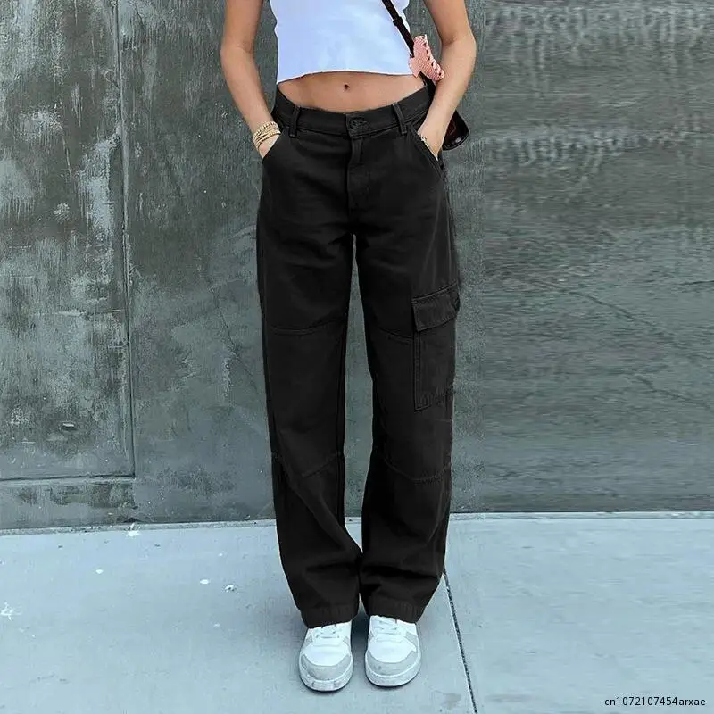 

Button Low Waist 2023 Denim Pants Jeans Women Pockets Stitching Straight Cargo Pants Vintage Casual Gray Streetwear Jeans