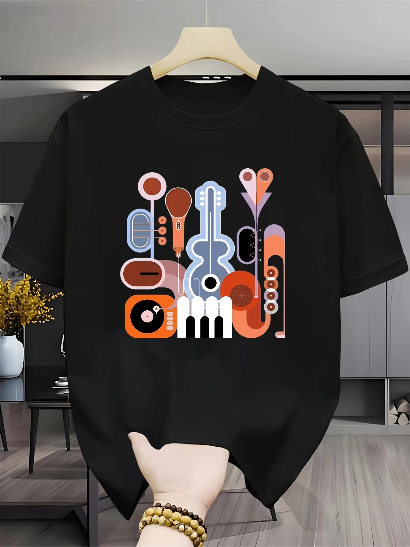 Unisex Retro Musical Instrument T‑Shirt Guitar Piano Vinyl Record Art Print Short Sleeve Tee Casual Streetwear Men Women Gift