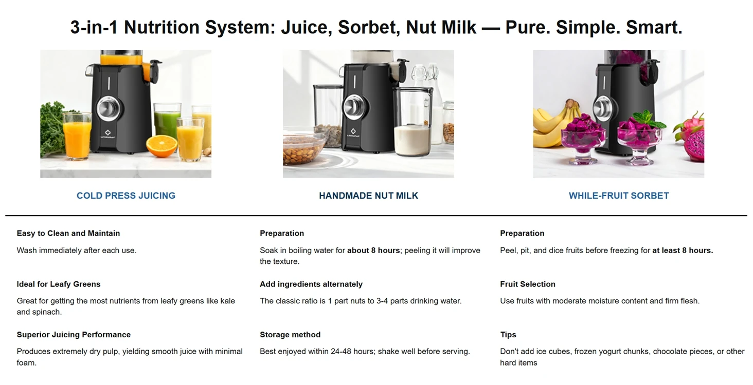 Slow Juicer Kaltpresse für ganze Früchte und Gemüse 200W Entsafter mit langsamem Pressverfahren 4,53 Zoll Durchmesser mit automatischem Schneidmechanismus BPA-frei – Detail 13