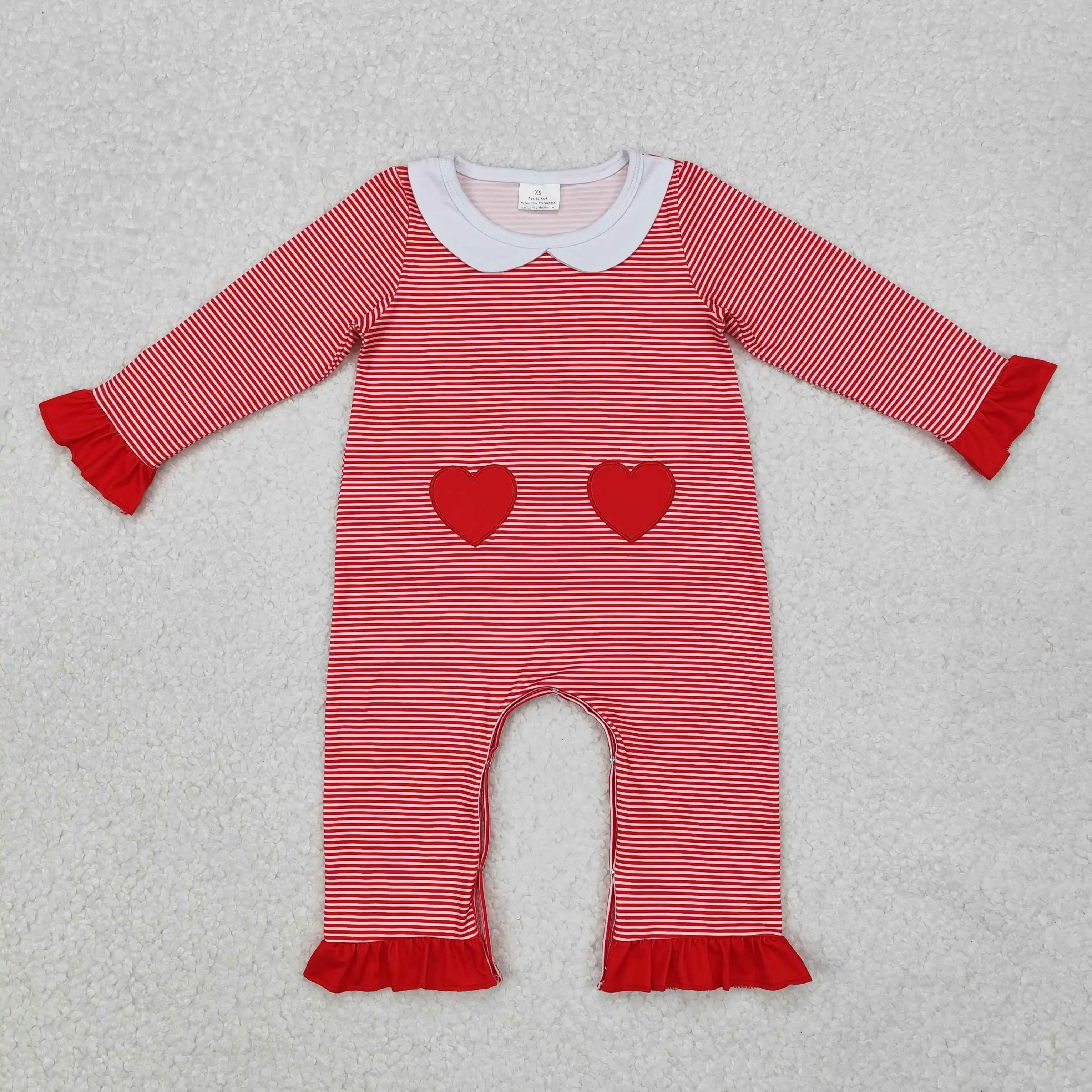 

Wholesale Newborn Baby Girl Long Sleeves Infant Embroidered Heart Children Jumpsuit Kids Toddler Valentine's Day Striped Romper