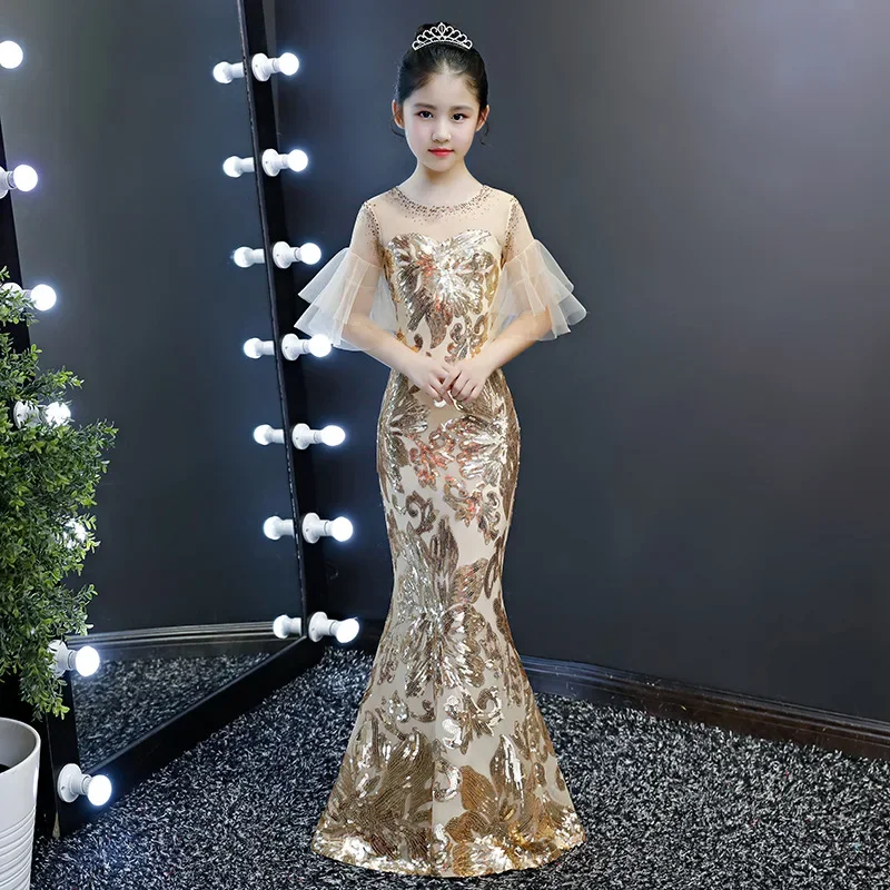 Golden Kid Luxury Sequined Evening Dress Children Girl Bodycon Trumpet Elegant Mermaid Wedding Party Cocktail Birthday Dresses