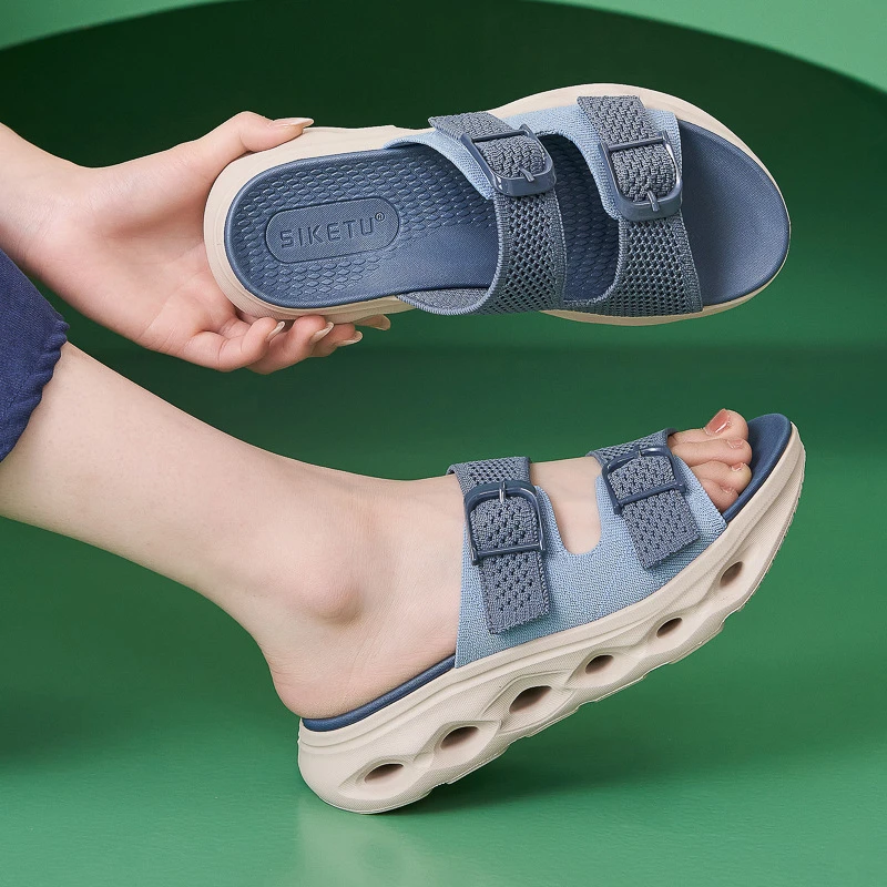 

Blue Breathable Mesh Slide Sandals Double Buckle Adjustable Strap Thick Platform Sole Non Slip Casual Summer Shoes For Beach