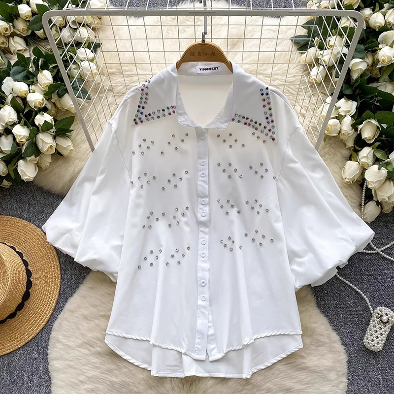 

Palace Style Heavy Embellished Diamond Lantern Sleeve Single-Breasted Shirt For Women 2025 Summer Loose Versatile Casual Top