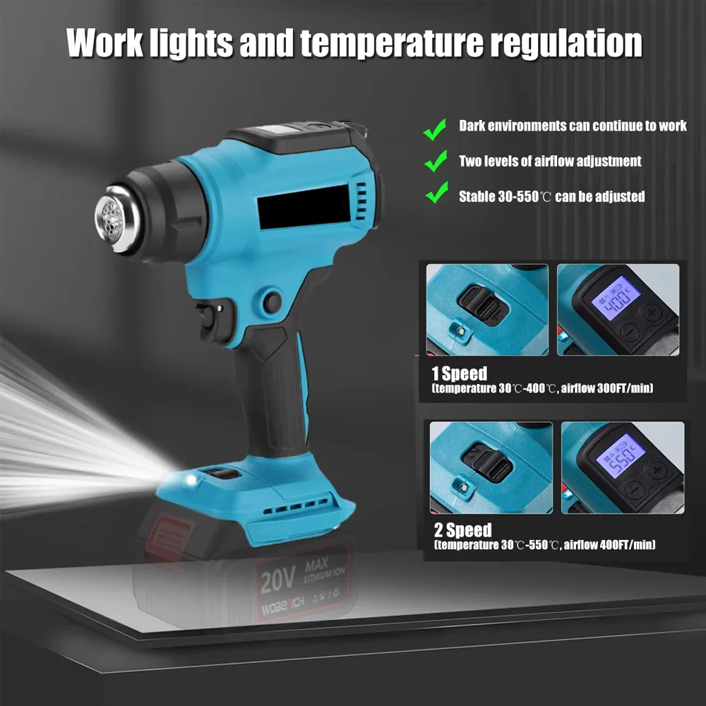 Hot air gun 18V rechargeable hot air gun tool, battery-powered, with LED display screen, tool-specific, without battery