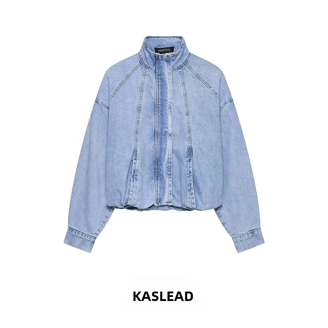 

KASLEAD Fashionable Stand Collar Denim Pilot Jacket Women's Short Outerwear Zipper Closure Long Sleeve Polyester Fiber