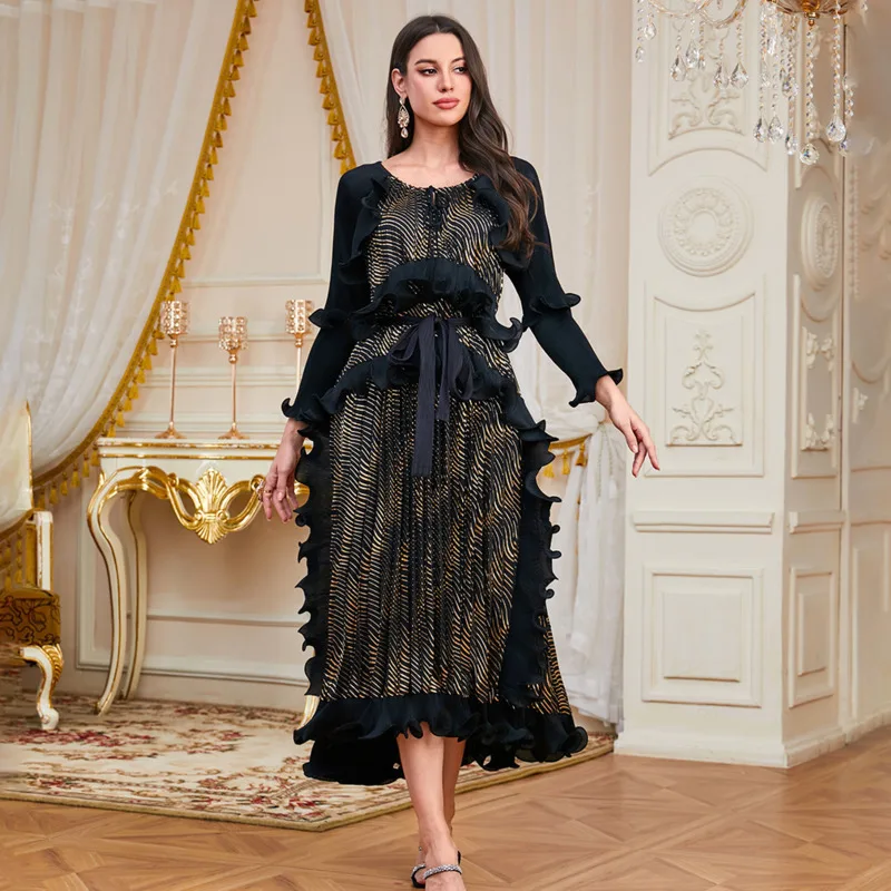 WHTREND فستان مكشكش مطوي المرأة التدرج اللون نفخة الأكمام طويلة طول فساتين فضفاضة الإناث ملابس الحفلات الأنيقة WH1891 #5