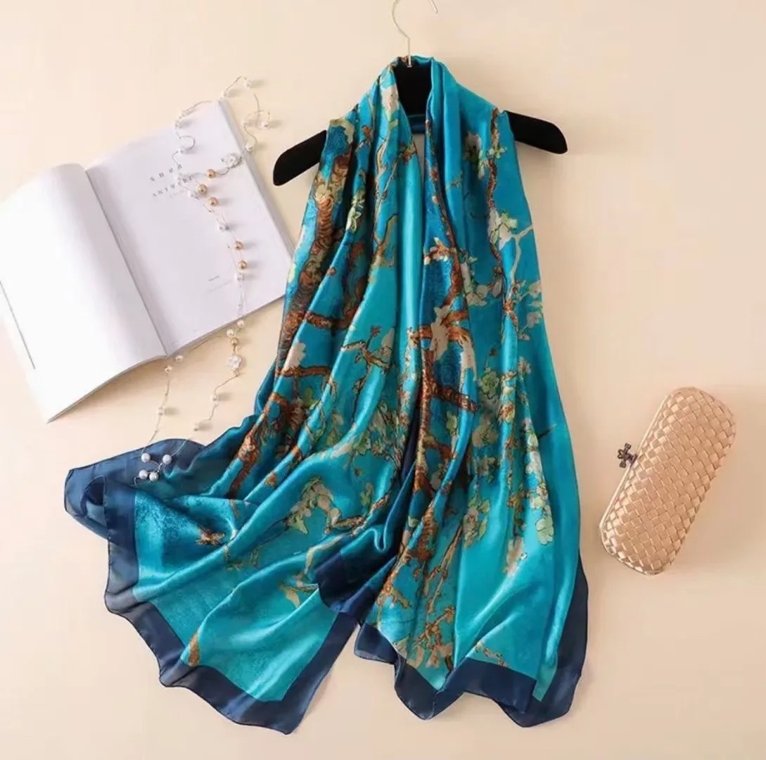 90x180cm Fashion Woman Silk Feeling Scarves Satin Plum Blossom Long Scarf Wrap Ideal Choice for Gifts