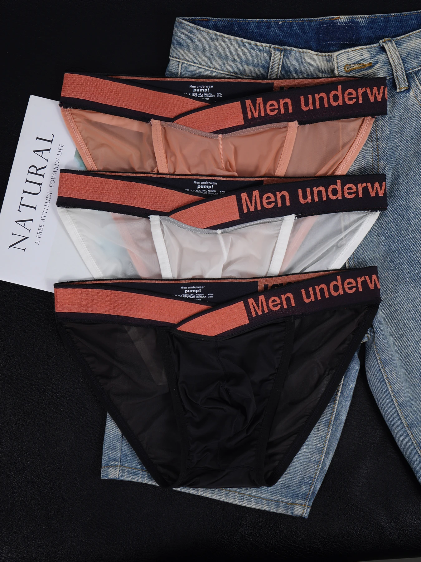 

3 PCS Men's PUMP! Mesh Sheer Briefs U Convex Pouch Elastic Letter Waistband Multicolor Sexy Breathable Underwear