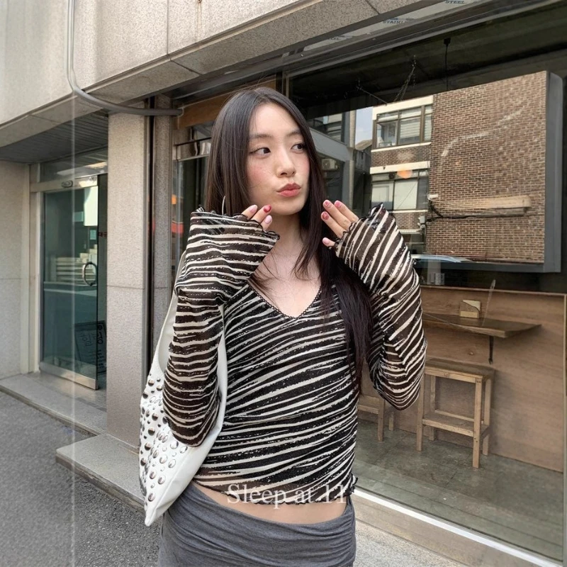 Early Autumn New V Neck Moda T-shirt Print Western Style Long Sleeve Minority Top Female Slim Age Reduction Casual Mujer