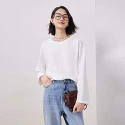 Toyouth Women Tees 2023 Autumn Long Sleeves O Neck Loose T-shirt 100% Cotton Solid Color Casual Simple Basic All-match Tops