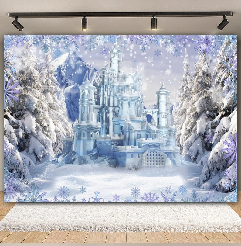 Winter Ice Castle Christmas Backdrop Frozen Wonderland Snowy Forest Xmas Kids Baby Portrait Photography Background Photo Studio