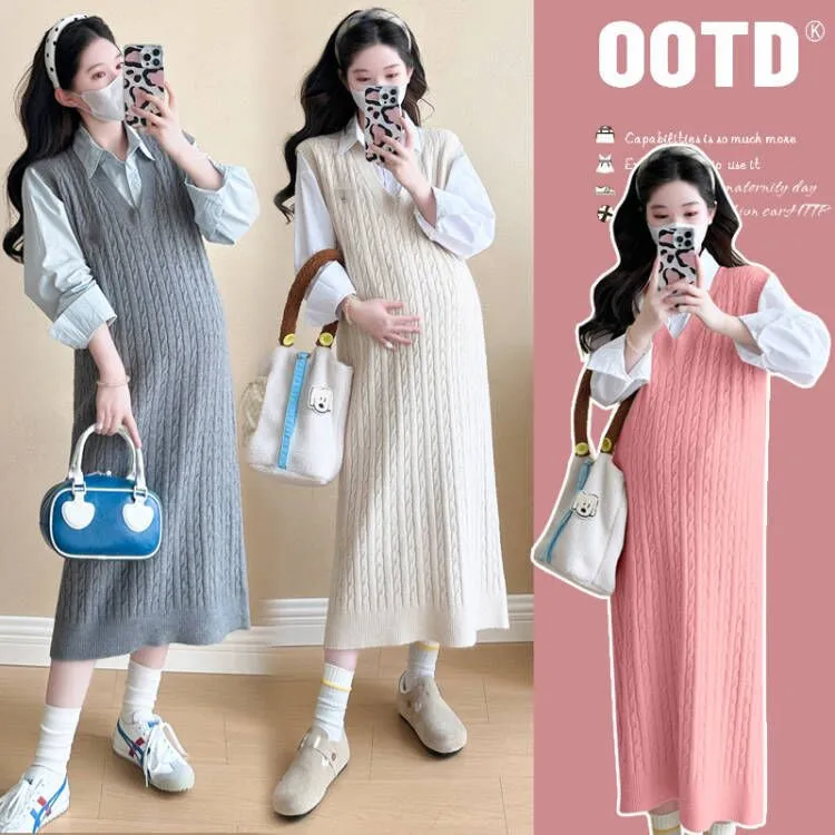 

Influencer Autumn Maternity Dress Set: Korean-style Fashionable Knitted Vest Dress Shirt Two-piece Autumn Skirt With Charm