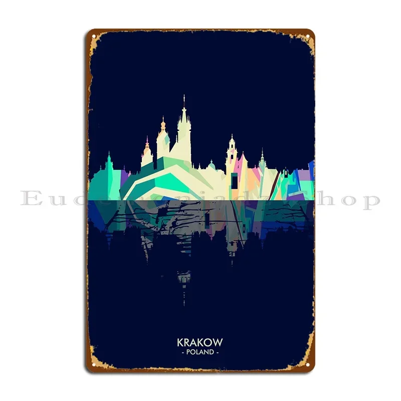 Krakow Skyline City Blue Metal Sign PaintingVintage Wall Decor Funny Design Tin Sign Poster