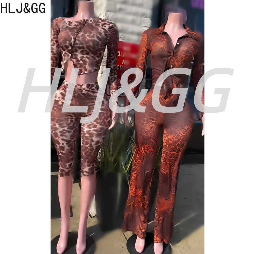 Hlj & gg sexy leopardo impressão malha ver através de conjuntos de duas peças feminino decote em v botão manga longa topo e calças outfits y2k streetwear