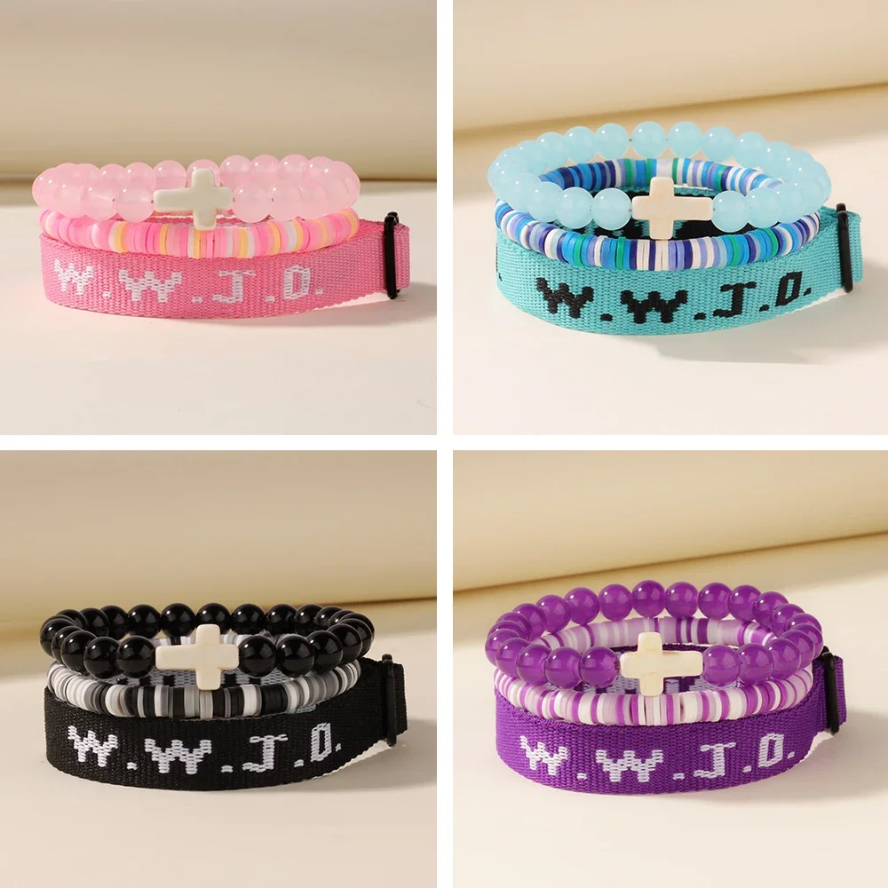 ﻿ 3 قطعة ماذا سيفعل يسوع wwjd أساور النساء الرجال الصليب مطرز أساور مجموعة WWJD-سيوع سوف يفعل ما سوار مجوهرات هدايا