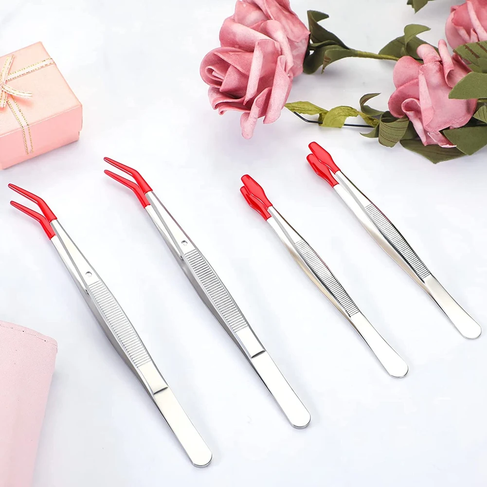 8 Pieces Tweezers with Rubber PVC Silicone Coated Non Marring Flat Tip Bent Tipped Tweezers for Jewelry Industrial Craft