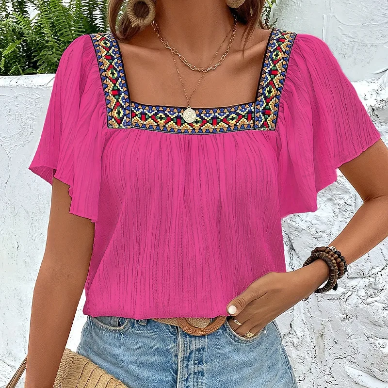 Summer Vacation Lace Embroidered Square Collar Shirt Pullover Lotus Leaf Short Sleeve Backless Shirt Women's Clothing Ropa Mujer