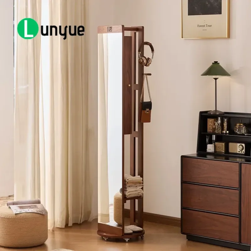 Solid Wood Floor Coat Rack with Full Length Mirror Multi-functional Shelf for Bedroom Home Entryway Hallway Storage Organizer