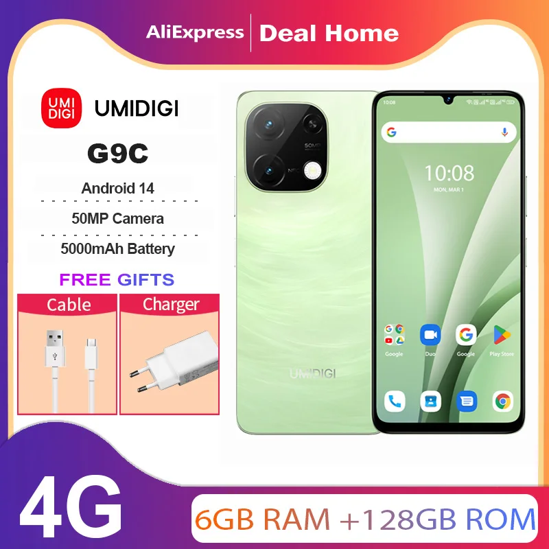 UMIDIGI G9C,NFC,6GB + 128GB,Android 14,Octa-Core,5000mAh,50 MP AI Camera,6.75 ”Water Drop,AI Face Unlock,4G Global Version