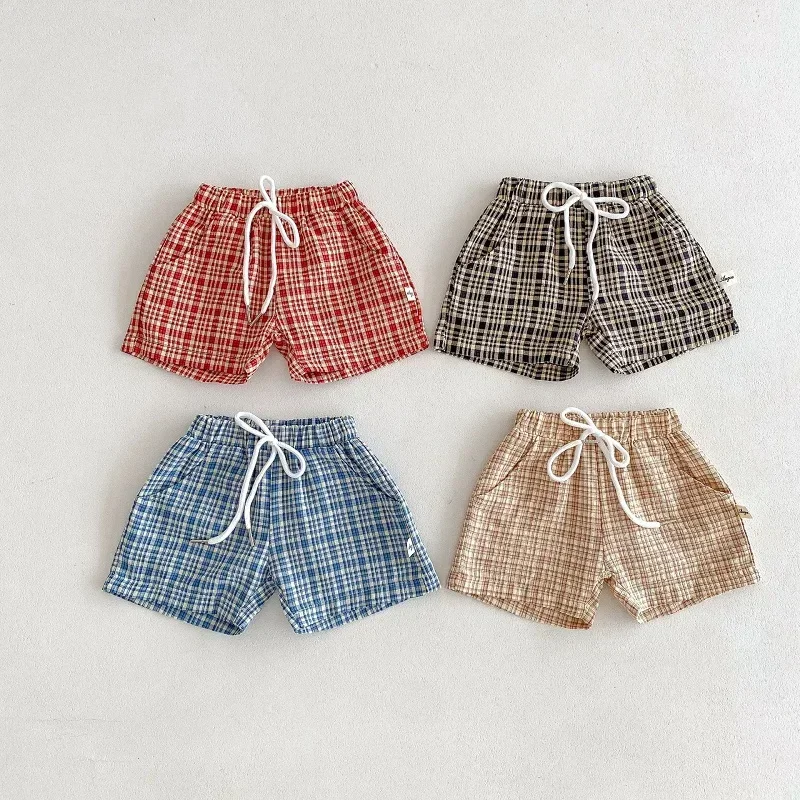 2025 Summer Baby Boys Shorts 0-3Years Newborn Kids Girl Elastic Waist Pocket Plaid Bottom Korea Style Infant Clothes