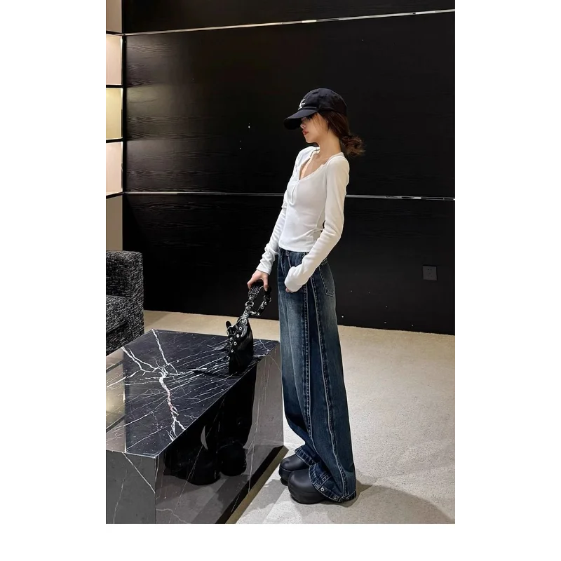 アメリカンレトロワイドレッグジーンズ女性ルーズストレートレッグストレッチフロアレングスパンツ