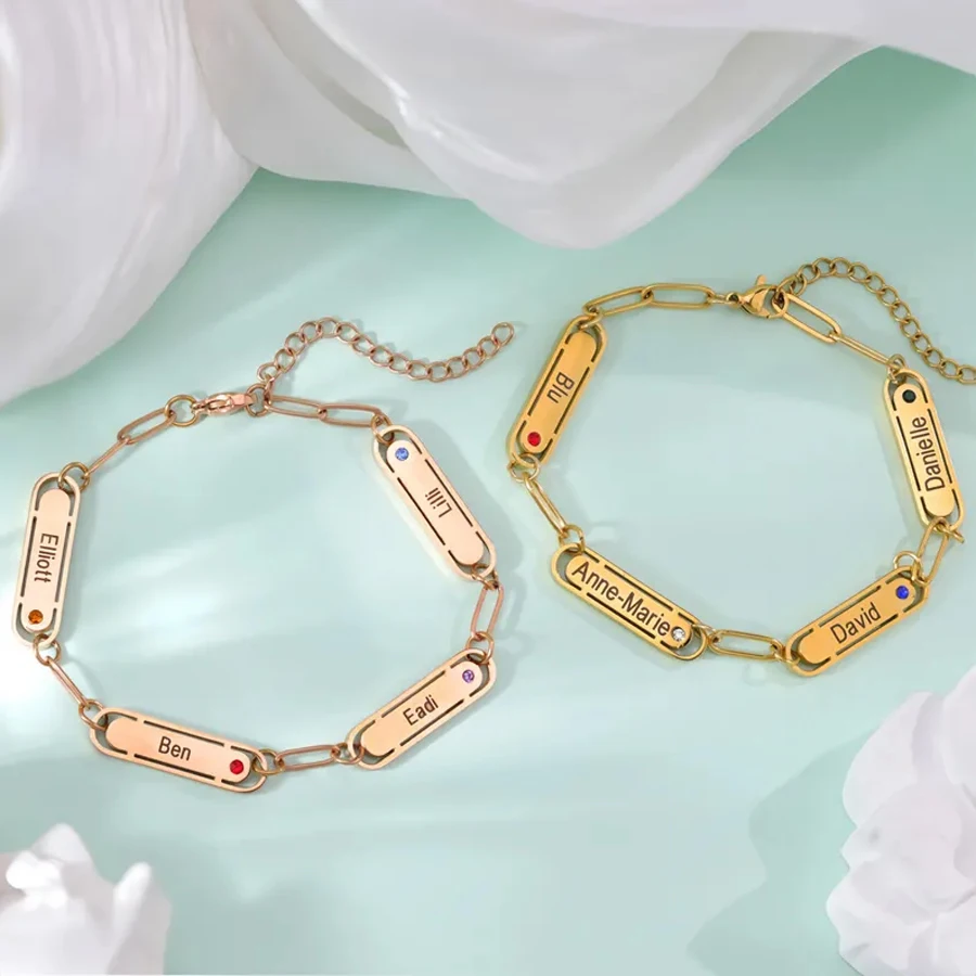 

Acheerup Personalized 1-4 Names Birthstone Women Bar Bracelets Stainless Steel Engrave for Family Members Jewelry Birthday Gift