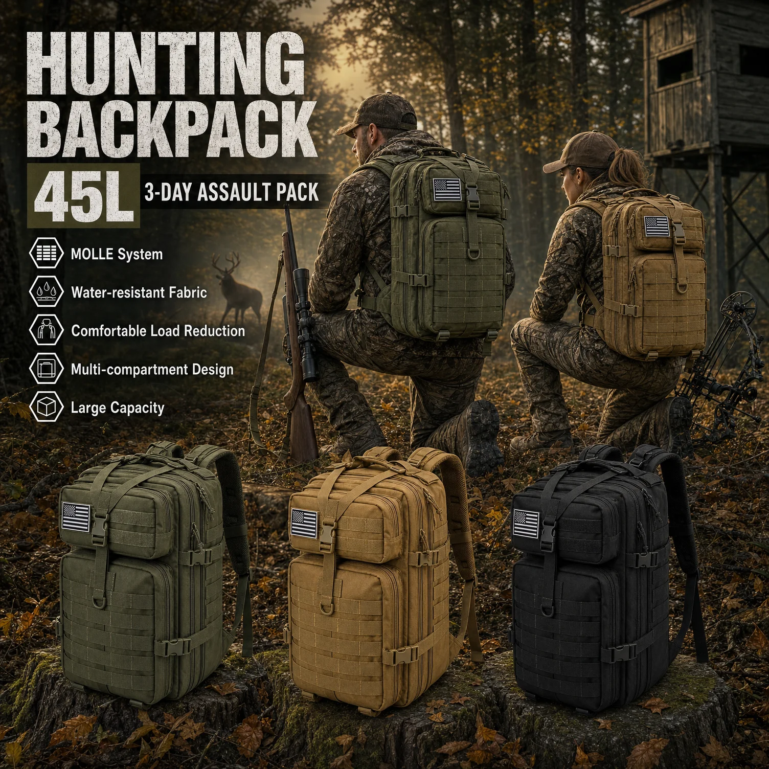Hunting Outdoor Wear - 45L Tactical Hunting Backpack Molle Camo