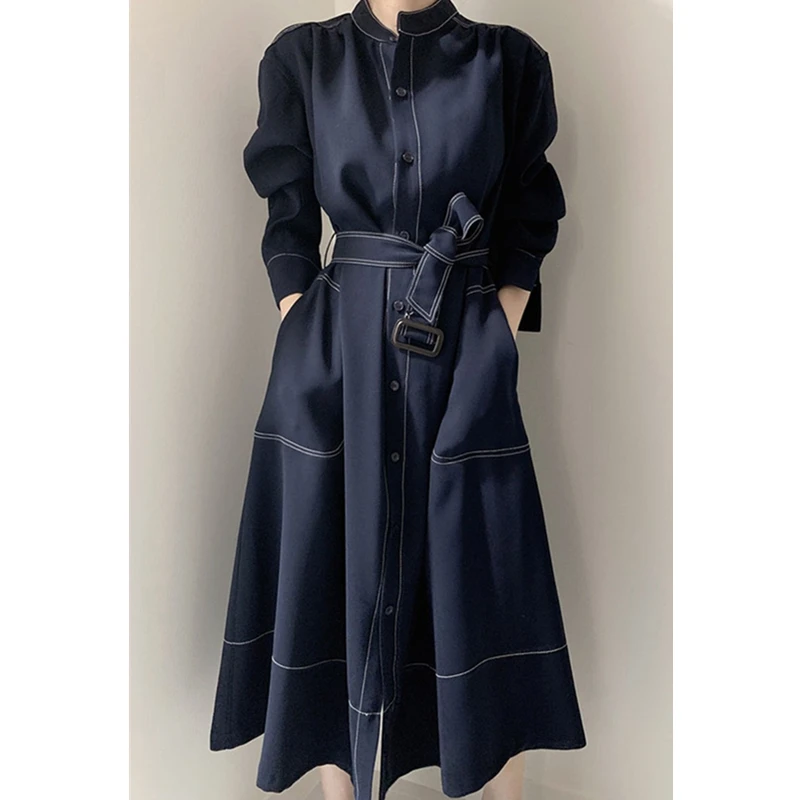 REALEFT Spring Autumn Single Breasted Women's Shirt Dresses Sashes 2024 New Stand Collar Korean Casual Straight Dress Female