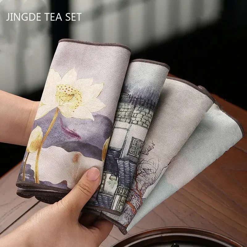 Painted Lotus Zen Tea Towel Upscale Tea Set Absorbent Towel Thickened Plush Cloth Tea Table Cleaning Rag Teapot Pad Accessories