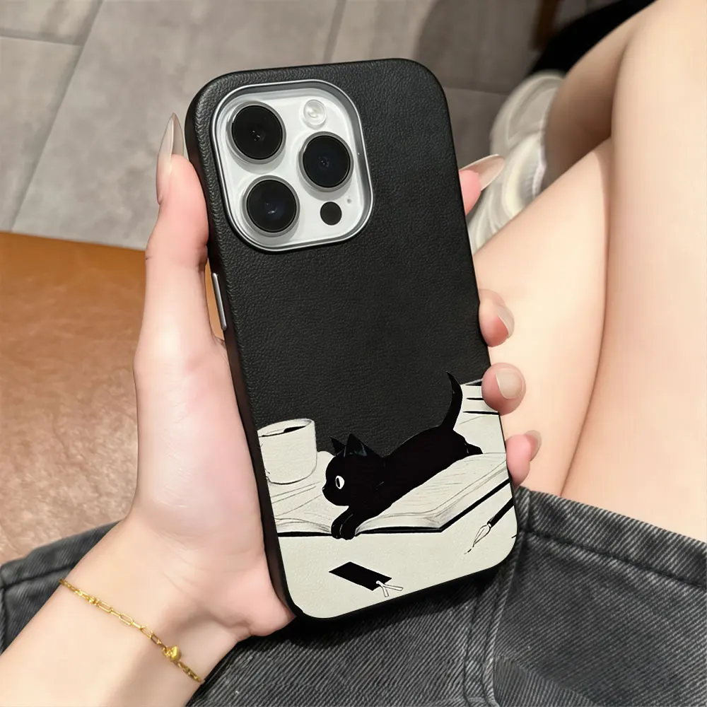Cute Black Cat Leather Phone Case For Samsung Galaxy S26 S25 S24 Ultra S23 S22 S21 Plus FE A34 A35 A54 A56 A36 Shockproof Cover