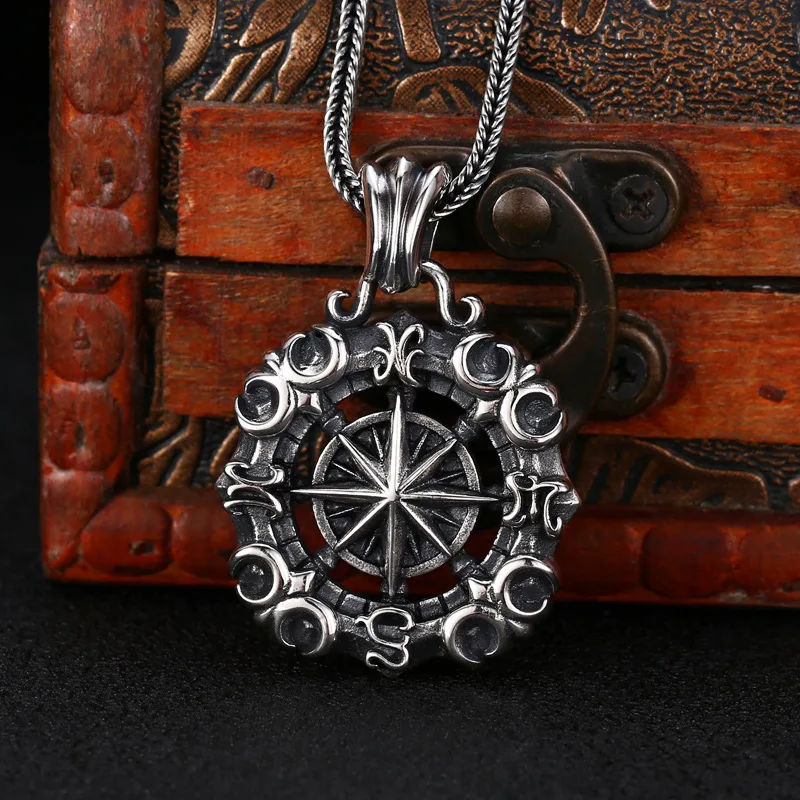 S925 pure silver necklace pendant, men's starry sea compass pendant, steering wheel, Thai silver retro vintage vintage vintage p