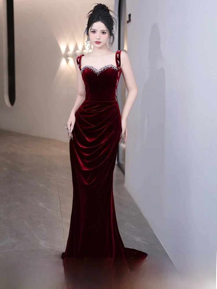 

Red Velvet Evening Dress for Wedding Ceremony Engagement Party Slimming Fish Tail Gown Elegant Strapless Long Dress with Beads