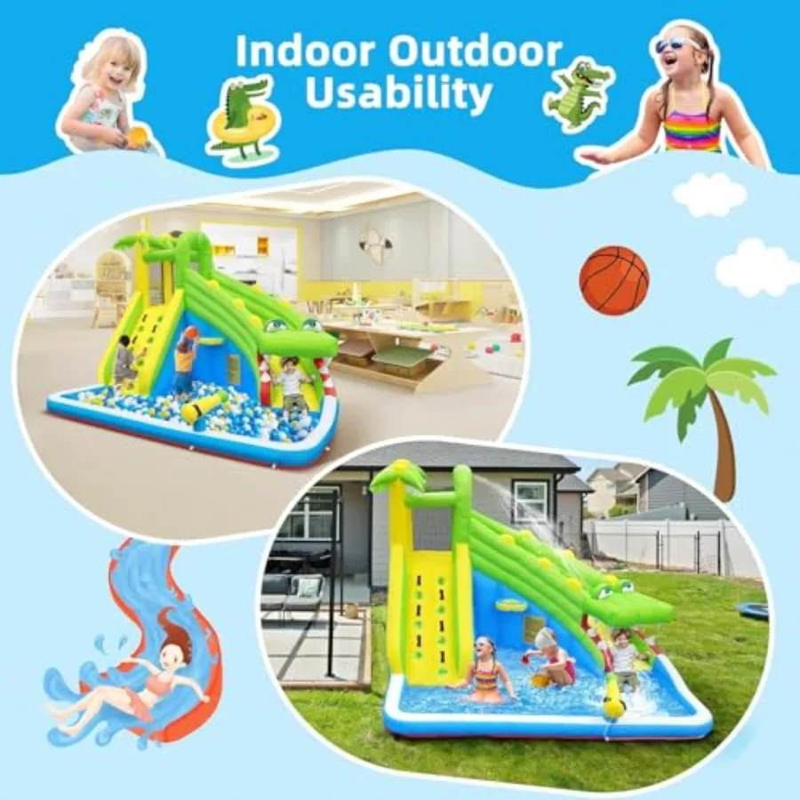 Inflatable Water Slide: 5-in-1 Crocodile Bounce House Water Park for Climbing Wall Splash Pool Water Cannon Basketball Rim PVC view 4