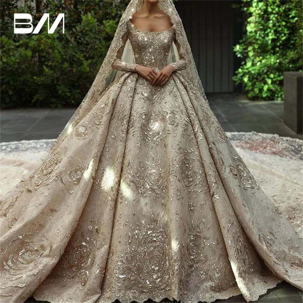 

Diamonds Ballgown Wedding Dress Large Train Long Sleeves Luxury Beaded Bridal Gown Embroidery Bride Dresses Vestidos De Novia