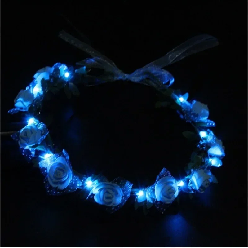 

20pcs Women Girl Party LED Light Up Glowing Cute Rose Flower Green Leaf Ribbon Wreath Headgear Birthday Wedding Cosplay