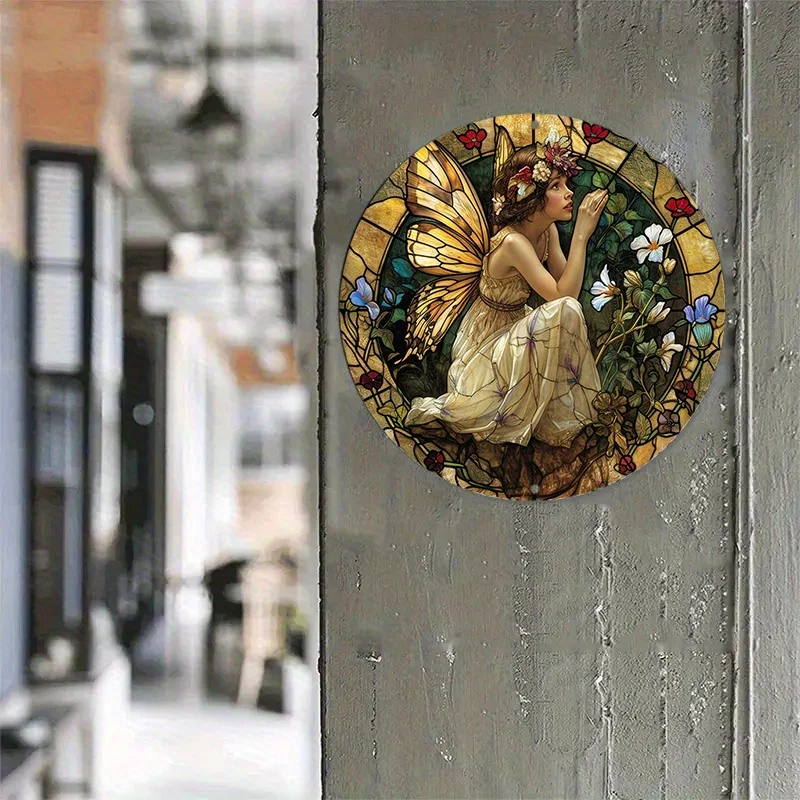 Aluminum Metal Sign Faux Stained Glass Circular Wreath Sign Apartment Decor Thanksgiving Day Gifts Spring Fairy Theme Decoration