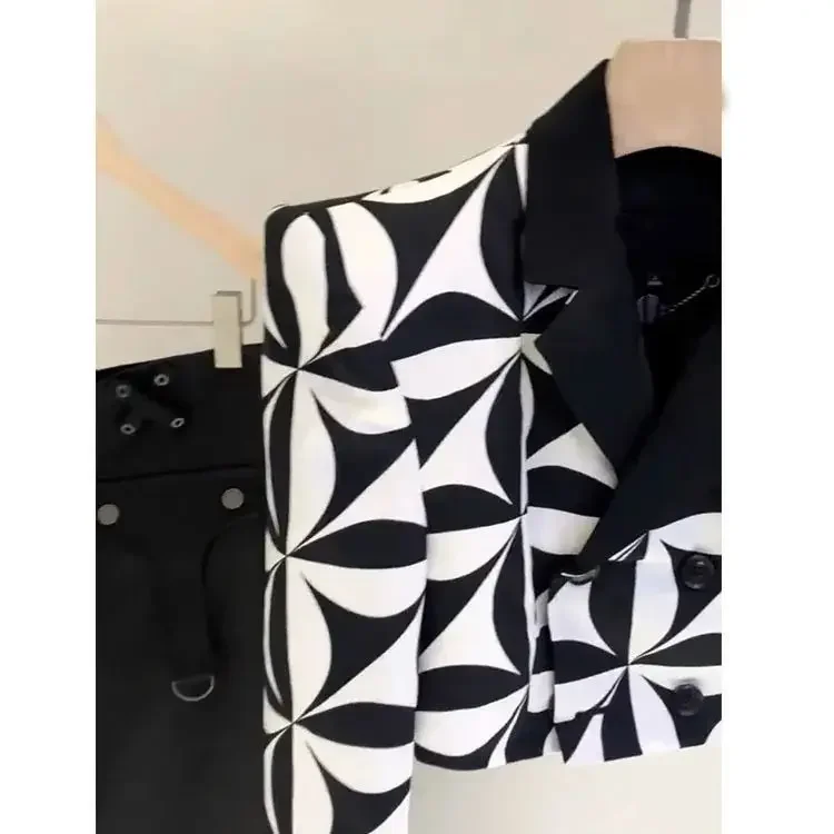 Women's Turn Down Collar Geometric Pattern Suit Jacket Spring Autumn OL Blazers Coat Black And White Cardigan High Waist Outwear