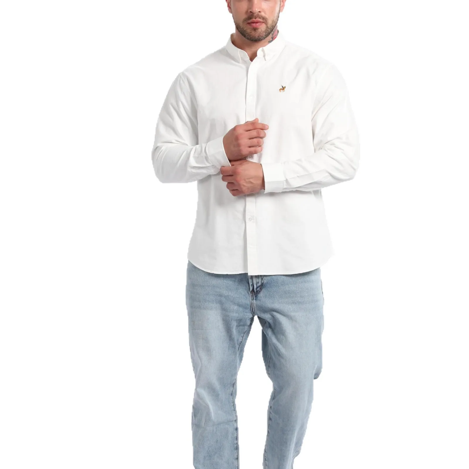 

Men's Cotton Washed Long Sleeve Button Down Shirt with Equestrian Embroidery