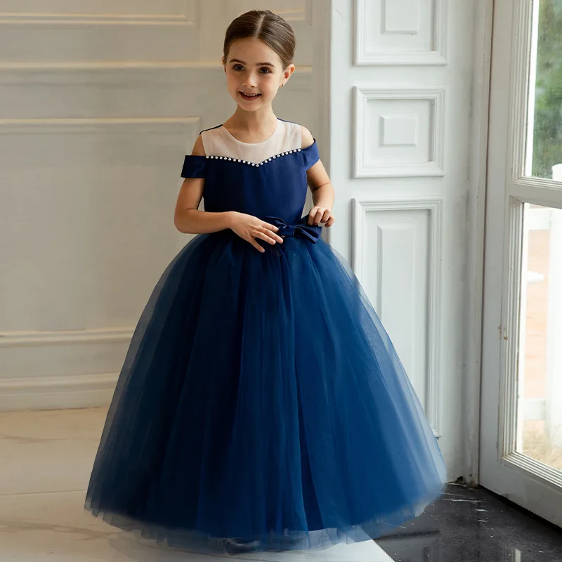 

Elegant Teens Girl Pearl Bow Long Tulle Princess Dress For Children Wedding Party Formal Evening Pageant Ceremony Maxi Prom Gown