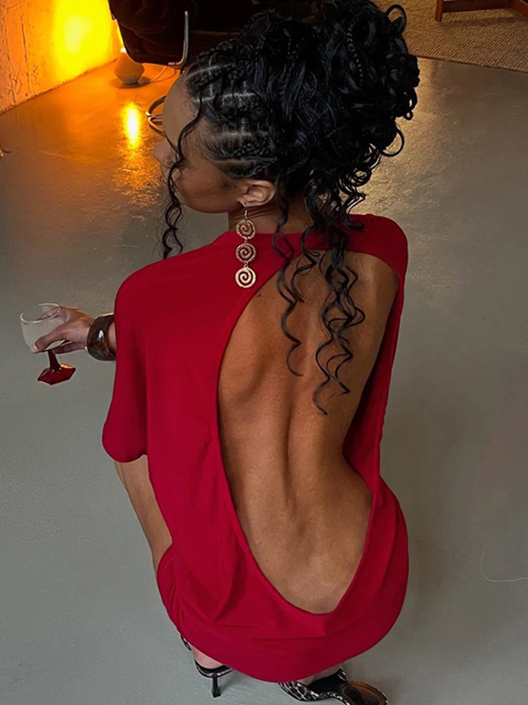Weird Puss Sexy Backless Mini Dress Women Y2K Solid Trend Style o-Neck Half Sleeve Spicy Girls Street Fashion Skinny Outfits