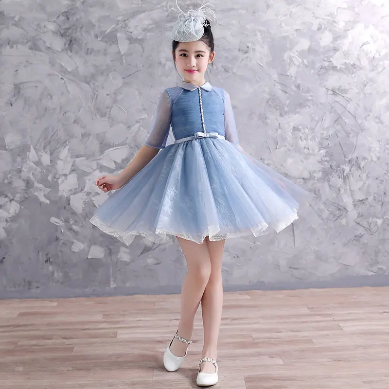 Half Sleeves Fashion Simple O-Neck Pleat Knee-Length Ball Gown New Kids Party Communion Dresses Girl Dresses For Weddings A2355