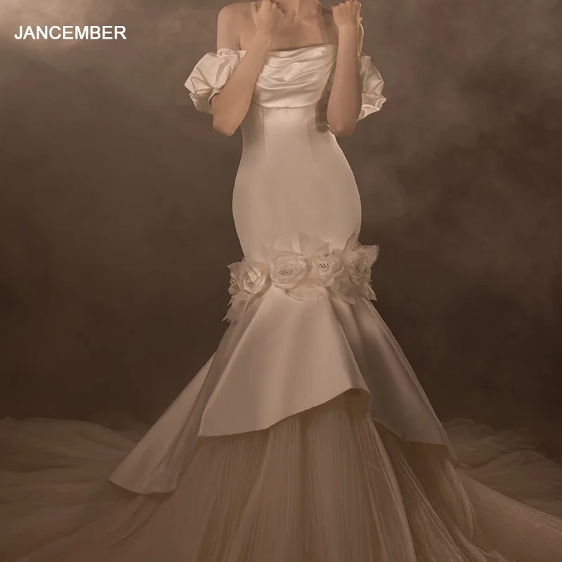 

Jancember International First-rate Wedding Dresses For Women 2024 Bride Mermaid Satin Boat Neck Backless Robe Mariage LSMX053